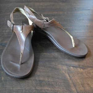 Olukai Brown Women's Leather T-Strap Sandals